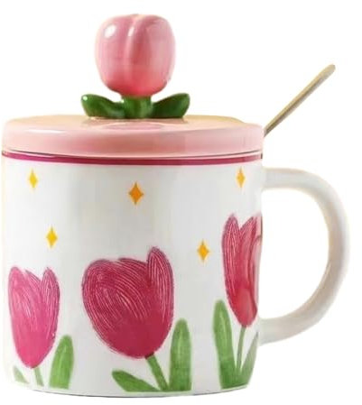 CAPIJIONG Tazza in ceramica da 350 ml con coperchio a forma di tulipano, tazza per caffè e latte, con fiore di tulipano