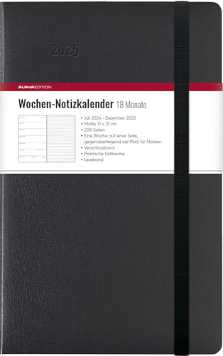 Alpha Edition - Wochen Notizkalender groß Black 2025 Taschenkalender, 13x21cm, Kalender mit 208 Seiten, Überblick von 18 Monaten, Leseband und Elastik-Verschlussband und Kalendarium DE/GB