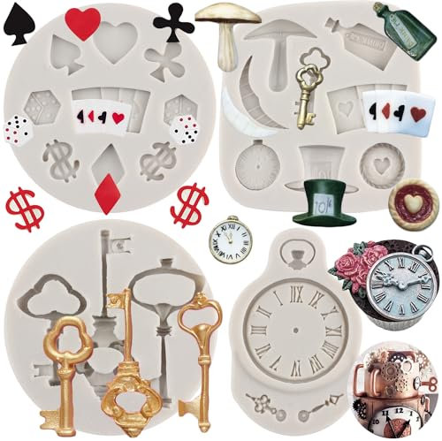 MYPRACS Poker Silikonformen Alice Wunderland Hut Fondant Form Vintage Schlüssel Uhr Formen Spielkarten Süßigkeiten Formen für Kuchen Dekorieren Cupcake Topper Schokolade Gummipaste Polymer Clay 4