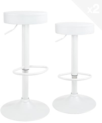 KAYELLES Lot 2 Tabourets Bar Blanc siège Rond Simili Cuir, sans Dossier, Hauteur réglable, Repose Pieds, pivotants 360° Pied Blanc YO (Blanc intégral)