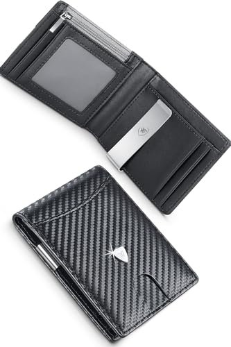 WONSEFOO Wallet Mens, Leather Wallet, RFID Blocking Wallets for Men UK with Money Clip, Coin Pocket, Card Holders & ID Window. Slim Bi-fold Carbon Fibre Wallet with Gift Box - Black
