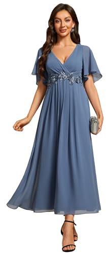 Ever-Pretty Women's V-Neck Short Sleeves Pleated A-Line Midi Length Chiffon Dresses for Plus Size Wedding Guest Dresses Dusty Navy 24UK