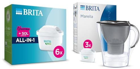 BRITA Cartouche Filtre Eau Robinet MAXTRA PRO All-in-1 - Pack de 6 pour recharge & Carafe Filtrante BRITA Marella Graphite (2,4l) incl 3 cartouches filtre eau robinet MAXTRA PRO All-in-1 réduit PFAS*