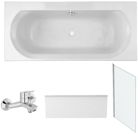 Pack baignoire droite 170 x 75 JACOB DELAFON Elise + tablier niche + mitigeur bain Aimé chromé + pare bain chromé + vidage