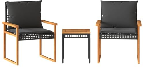 vidaXL 3-TLG. Bistro-Set mit Kissen Schwarz Poly Rattan Akazienholz