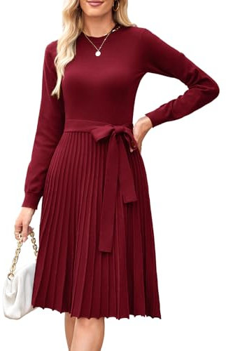Arach&Cloz Strickkleid Damen Herbst Midi Plissee Langarm Winterkleider Rundhals Casual Herbstkleid Pulloverkleid Rot M