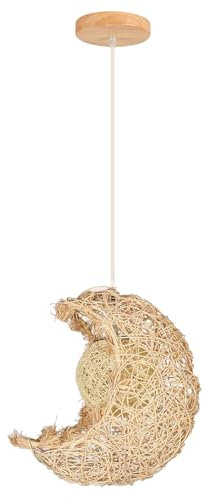 LIGKIN Pendelleuchte Rattan Hängelampe Vintage Kreative Mond Kronleuchter E27 Hängeleuchte Retro Rattan Lampenschirm Deckenleuchte für Kinderzimmer Wohnzimmer Kaffee