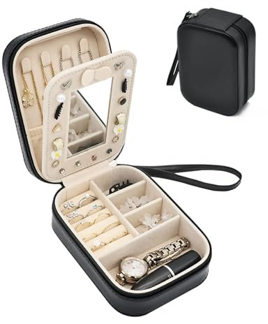 Boxudeli Boîte à bijoux voyage avec dragonne, petite boîte à bijoux en cuir PU avec miroir, boîtes à bijoux de voyage pour femmes et filles, boîte de rangement pour bijoux (Noir)