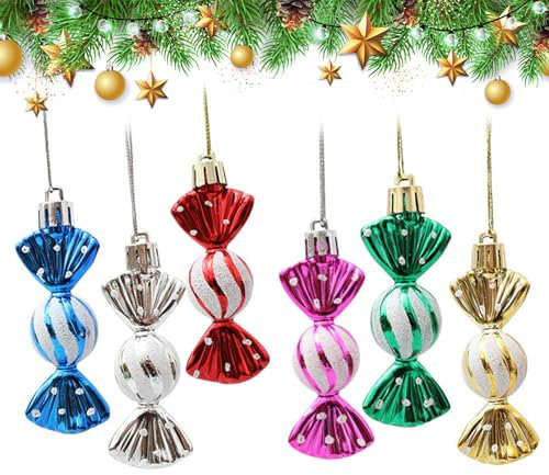 Vordpe 6 Stück Weihnachtsbaum Süßigkeiten Anhänger, Weihnachten Deko Weihnachtskugeln Zuckerstangen Deko, Kunststoff gemalte Kugel Süßigkeiten Anhänger Prop (Farbe)
