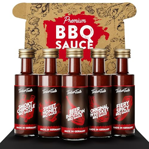 TIMBER TASTE® Grill Sauce Geschenkset [5 x 40 ml] - BBQ Sauce Set - Herzhafte Soßen Geschenk - Besondere Geschenke für Männer & Frauen - Soße Geschenkbox - Barbeque Saucen Gewürze Geschenkset