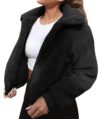 Teddy Fleecejacke Damen Ohne Kapuze, Winterjacke Mit Reißverschluss Kurz Kunstfell-Jacke Flauschig Kuscheljacke Festlich Hochzeit Pelzjacke Reverskragen Plüschjacke Oversized Y2K Cardigan
