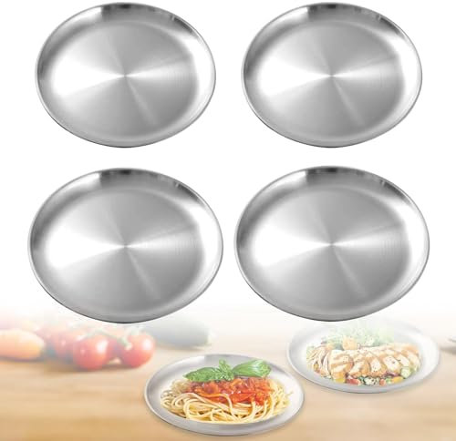 LEKEFETO 4 piatti in acciaio inox Φ 20 cm e 23 cm, piatti rotondi in acciaio inox, piatti da campeggio, piatti in acciaio inox stabili per campeggio, picnic, escursioni, cucina