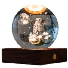 Gingko Design Amber Crystal Light – Owl Moon | Handcrafted LED Lamp with Wooden Base | Rechargeable USB Night Light | Unique Gift for Home, Office & Bedroom Décor