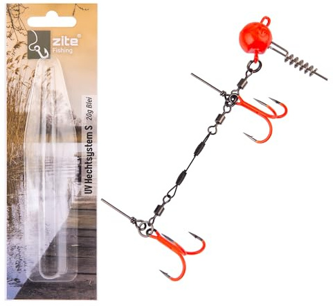 Zite Fishing Hechtsystem UV Aktiv Größe S 9cm | 5-20g Stinger Fertigmontage | Gummiköder mit Screw-In-Jighead | Softbait Angsthaken Drillinge | Spinn-System Montage für Hechtköder 15-20cm
