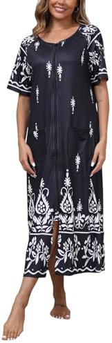 Rubehoow Women's Mumu House Dresses with Zipper Floral Print Short Sleeve Long Length Bathrobe Nightgown Black,XL