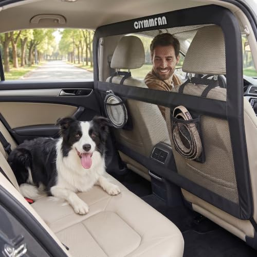 Dog Barrier for Car Back Seat & Cargo Area with Wider Coverage, Universal Fit for Cars, SUVs & Sedans, Dog Car Gate Divider with Chew-Proof Transparent Net and Sturdy Metal Frame for Backseat & Trunk