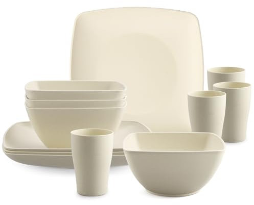 HOMGEN 12PCS Plastic Plates and Bowls Set - Unbreakable Tableware Set for Camping - Reusable Kitchen Plates Bowls Cups - Microwave & Dishwasher Safe Dinner Set - Picnic Dinnerware Service for 4(Beige)