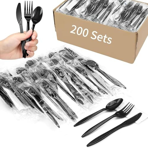 800 Pcs Black Plastic Cutlery Set, Reusable Forks and Spoons,Knives and Napkins Set, Plastic Silverware Set for for Parties, Picnics, Big Event, Daily Use