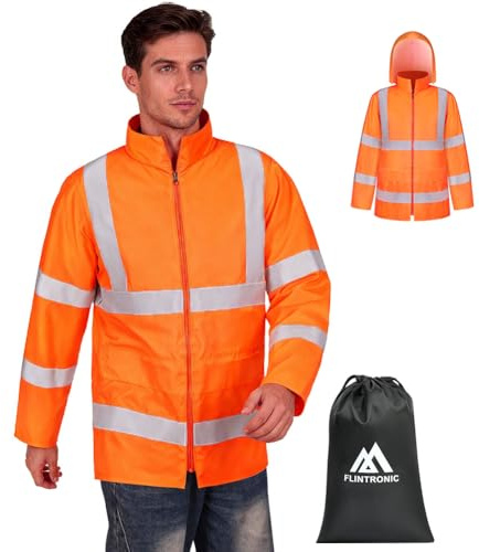 flintronic Herren Leichte Wasserdichte Hi-Vis Regenjacke, Warnschutzjacke, Wasserfest und Winddicht, Orange