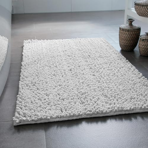 Wecon Home Benno getufteter Badteppich, 80 x 150 cm, weiß | weicher Hochflor Chenille Badteppich, rutschfest, maschinenwaschbar, warm & gemutlich