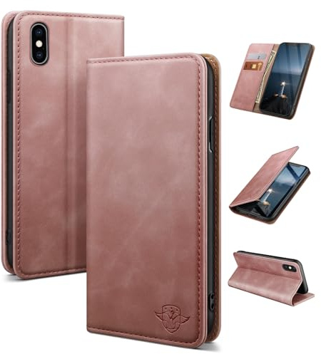 SUANDUCK for iPhone X/XS 5.8 mobile phone case magnetic leather flip case with RFID-blocking card compartment, adjustable stand and 360° drop protection with Apple X/XS Rose Gold