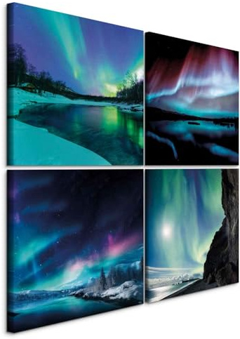 murando - Leinwandbild Set Nordlicht Berge Landschaft, 80x80 cm, 4-teilig | Hochwertige Leinwand, sofort aufhängbar, ideal fürs Wohn- oder Schlafzimmer, wasserfest und lichtecht, langlebig, stilvoll