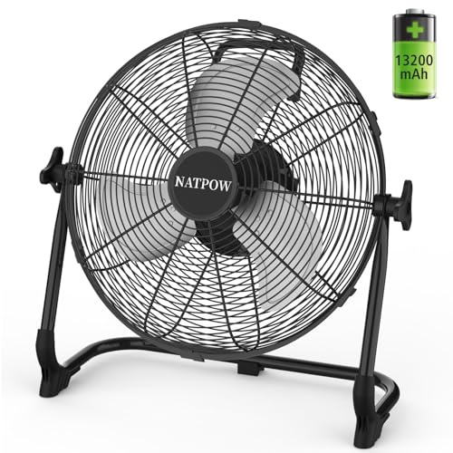 NATPOW 12” Rechargeable Floor Fan, Low Noise Plug-in Cooling Industrial Fan with Adapter 1.5M, Cordless Metal Fan Built-in 13200mAh Battery 15W, USB Phone Charging for Camping Garage Jobsite Workshop