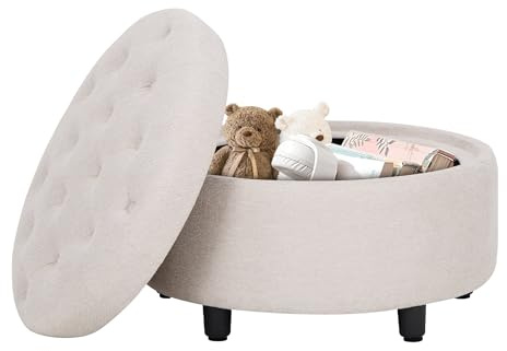 Round Storage Ottoman Footstool with Reversible Wooden Lid, 63.5cm Padded Pouffe Stool with Hidden Storage, Soft Linen Fabric Foot Rest with Anti-Slip Legs, Multifunctional Coffee Table Ottoman