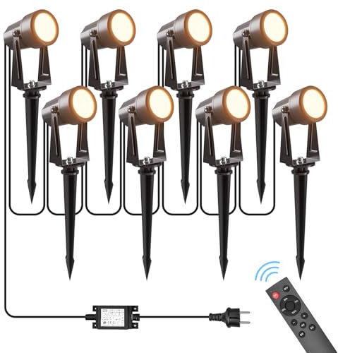 LONIUTO Illuminazione da giardino con alimentazione 29M, 3W*8 pezzi Faretti da esterno con Funzione telecomando e timer 3000K Bianco caldo, IP65 Impermeabili per sentieri, prati, cortili, terrazze