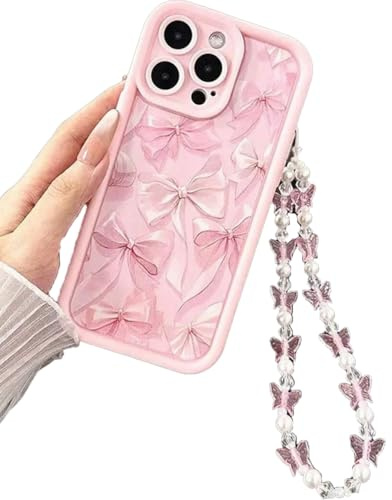 Compatible with iPhone 11 Case Cute Pink Ribbon Bowknot Pattern for Girls Women with Chain Wrist Strap Soft TPU Shockproof Protective Phone Cover - Pink