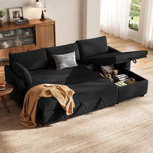 HOMRELEXA Corner Sofa Bed, Corduroy L Shaped Sofa, Black | Convertible Pull Out Sectional Couch Bed with Storage, Reversible Chaise for Left or Right