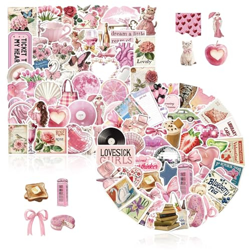 Aufkleber Wasserdichte 100pcs Laptop, Wasserflasche, Scrapbook Dekoration | Wasserdichte PVC, Keine Wiederholungen, Vintage Pink, Laptop Kompatibel