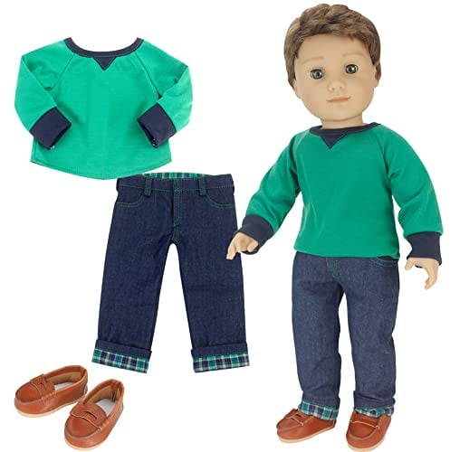 Sophia’s 3 Piece Baby Dolls Clothes Set, 18 Inch Baby Boy Doll Green Top and Jeans Outfit with Doll Loafer Shoes, Doll Clothing, Doll Not Included