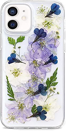 Abbery Designed for iPhone 12 Mini Case Pressed Flower Cute Clear with Design Soft Silicon TPU Rubber Dired Real Flroal Girl Woman Aesthetic Case for iPhone 12 Mini (Navy Flower)