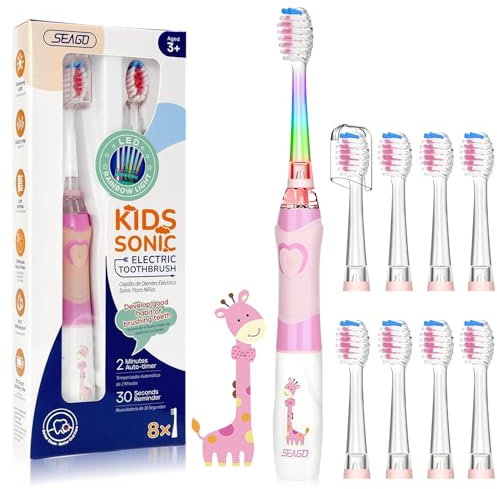 Seago Spazzolino Elettrico Bambini dai 3-12 Anni con Timer di Spazzolamento e Lampade a LED Colorate e 4 Setole Morbide Testine Idea Regalo per Ragazzi e Ragazze SGEK6/SG977 (Rosa FR)