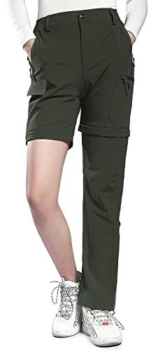 Hiauspor Damen-Zip-Off-Wanderhose-Atmungsaktiv-Trekkinghose Schnell Trockend Abnehmbar Outdoorhose Stretch Funktionshose Sommer Hosen (Armee-grün, L)