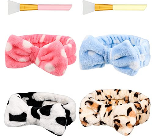 Popuppe 4 Stück Spa Bowknot Haarbänder mit 2er Make-up Pinsel Frauen Coral Fleece Elastisches Stirnband für Duschen Gesicht Waschen Sport Hautpflege