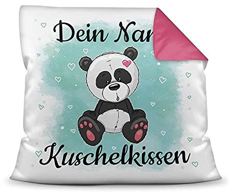 Kissen mit Füllung für Kinder - Tiermotiv Panda - für Mädchen und Jungs - mit Wunschname beschriften - Panda - Farbkissen Rückseite Pink, 40 x 40 cm