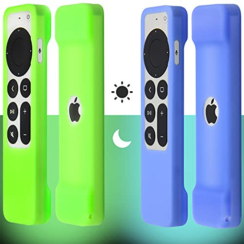 Pinowu Schutzhülle für Fernbedienung, leuchtet im Dunkeln, kompatibel mit 2021 Apple TV Siri Remote (2. Generation), inklusive Umhängeband, rutschfeste Abdeckung, Grün und Blau, 2 Stück