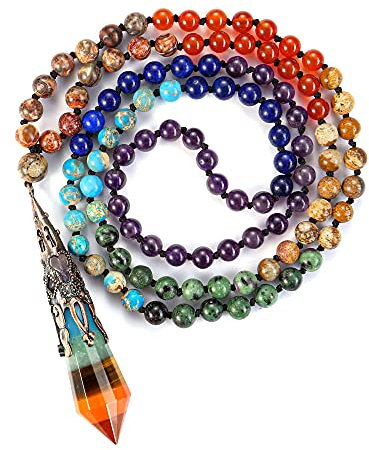 Jovivi Collier Bijoux Femme Mala Collier Chakra 108 Perles Mala Tibétain Collier Sautoir Fantaisie avec Pendentif Cône de Pointe Chakra Pierre Naturelle Bijoux Femme Homme