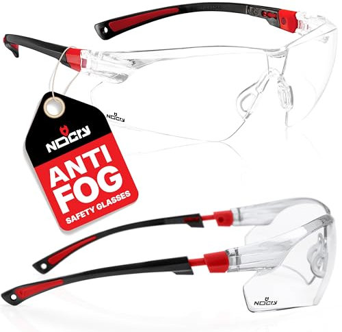 NoCry Schutzbrille mit durchsichtigen kratzfesten Gläsern, Seitenschutz, UV-Schutz und rutschfesten Bügeln. Verstellbarer Rahmen, Schwarz & Rot (10 Packung)