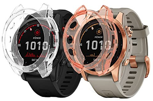 Niboow Coque [2 Pièces] Compatible avec Garmin Fenix 7S/Fenix 7S Solar/7S Sapphire Solar, Protection D'écran Cadre Totale Anti Rayure pour Garmin Fenix 7S/7S Solar/7S Sapphire Solar-Transparent+Rose