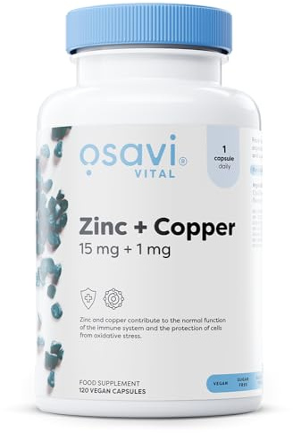 Osavi Zinc + Copper, Nahrungsergänzungsmittel mit 15mg Zinkchelat und 1mg Kupfercitrat, Unterstützt Immunsystem und Zellschutz vor oxidativem Stress, Hochdosiert, Vegan, 120 Vegane Kapseln