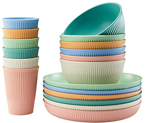 18pcs Wheat Straw Dinnerware Sets,HXYPN Unbreakable Reusable Dinnerware Set