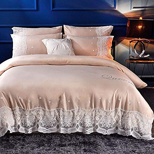 CHEWO Gesteppte, einfarbige Doppelbett-Bettwäsche, leichte Baumwolle, 4-teiliges Set, Bettlaken, Spitze, Kissenbezug, Reißverschluss-Design, Hotel-Tagesdecke für Zuhause, Küche-Pink-B (Champagner
