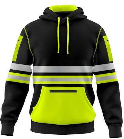 Mens Hi Vis Work Wear Pullover Hoodie Safety Reflective Tape High Viz Sweatshirt Hoodie High Visibility Top Multi Zipper Pockets S-2XL