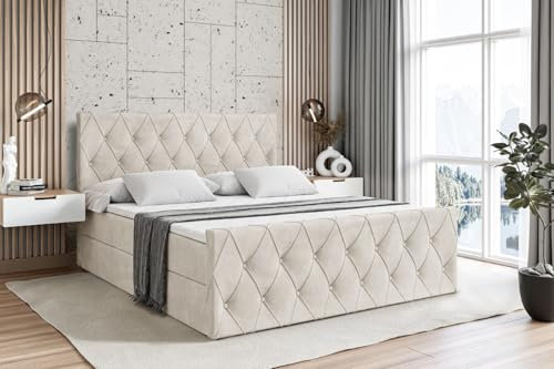 ALTDECOR Boxspringbett mit Matratze und Lattenrost, Boxbett, Fußteil, Topper, Polsterbett mit Bettkasten, Bett mit Stauraum H4-Matratze, Doppelbett, Springboxbett - Amay - 180x200 Beige Samt
