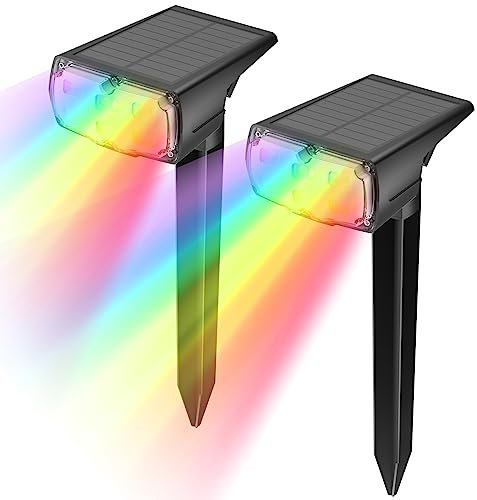 GOLUMUP Solarleuchten Garten Solarstrahler Solarlampe Bunt/RGB, 8 Farben und 1 Regenbogenfarbe, LED Solar Gartenleuchte IP67 Wasserdicht für Außen Hof Terrasse Halloween Weihnachten Festivals 2 Stück