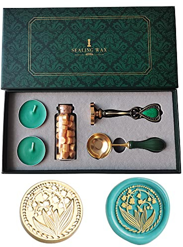 PORXFLY Wachssiegel Stempel Set, Vintage Personalisierte europäische Siegellack-Stempel-kit Geschenkbox Set für Hochzeitseinladungen,Kartenumschläge, Geschenkverpackung (Maiglöckchen)
