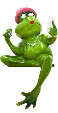 Dekohelden24 Dekofigur Frosch/Dekofrosch/Kantenhocker mit Lippenstift, Hut und Handy, aus Polyresin, Größe: L/B/H ca. 6 x 11 x 20 cm